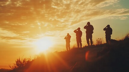 Fototapeta premium Silhouettes of soldiers saluting during a sunset, symbolizing respect and remembrance.