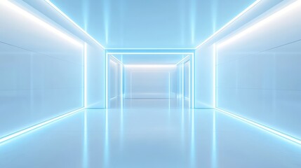 Obraz premium Smooth white walls with soft blue LED strips creating an ultramodern ambiance, emphasizing minimalism in futuristic design.
