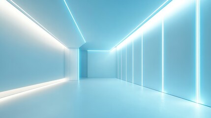 Obraz premium Smooth white walls with soft blue LED strips creating an ultramodern ambiance, emphasizing minimalism in futuristic design.