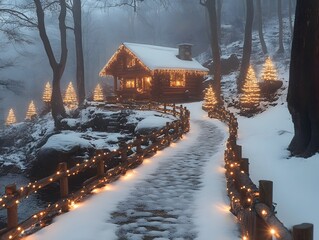 Enchanted Pathway Through a Winter Forest with Tiny Christmas Trees Leading to a Cozy Log Cabin Adorned with Festive Lights in a Snowy Wonderland