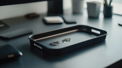 Tiny metal tray with a few paper clips and a sleek stapler on a clean desk surface, showing minimal organization.