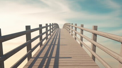 Obraz premium A serene wooden bridge leads into a calm horizon under a soft, pastel sky. Perfect for nature and tranquility themes.