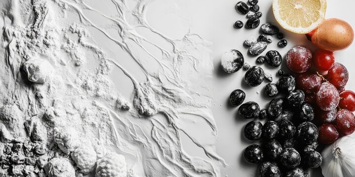 Flat lay of ingredients including red and black grapes, citrus slices, seeds, and flour scattered on a light gray surface for a culinary and baking concept