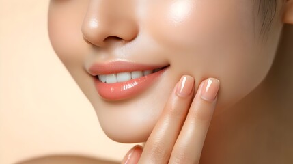 Obraz premium Woman with beautiful face touching healthy facial skin portrait. A close-up shot of a woman skin and natural makeup in a studio. Concept for Facial treatment, Cosmetology, skin care, beauty and spa .