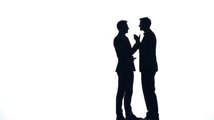 Two silhouetted figures engaged in conversation against a bright background.