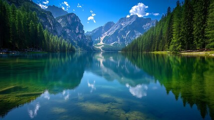 Fototapeta premium A tranquil lake reflecting majestic mountains and a clear blue sky, surrounded by lush pine forests, creating a serene natural landscape.