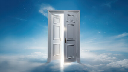 A serene and mystical scene featuring a white door opening to a bright light against a backdrop of blue skies and fluffy clouds.