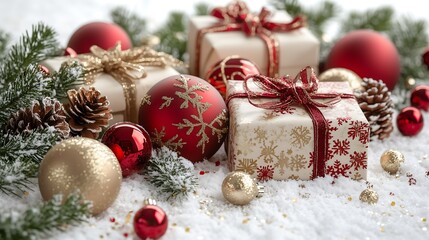 A minimalist white background with Christmas decorations neatly arranged. There are ornaments in red, green, and gold, such as baubles, candy canes, pinecones, and holly leaves. Small wrapped gifts.