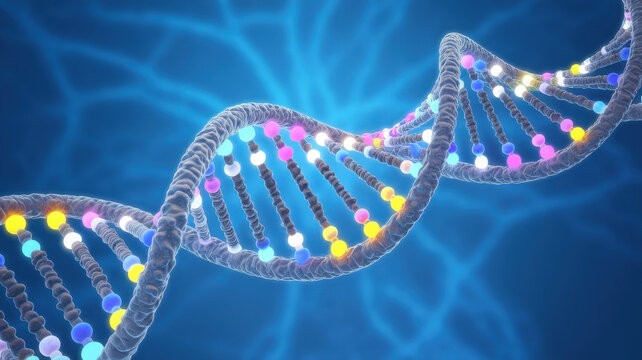 A vibrant, colorful representation of a DNA molecule against a blue background, showcasing its double helix structure and nucleotide pairing.