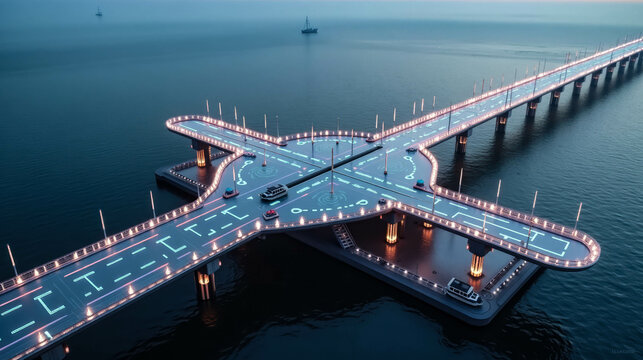 The waterfront intersection showcases an intricate network of illuminated paths at twilight, with vehicles navigating the unique design and calm waters surrounding the structure