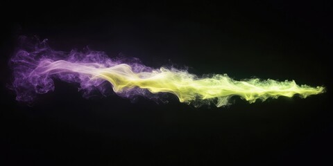 elevated angle of luminous purple, electric yellow, and phosphorescent green smoke blast, obsidian background, diagonal compositional flow
