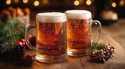 Two Frosty Beer Mugs on Rustic Wooden Table in Cozy Pub Setting - Inviting Scene for Relaxation and Social Gathering
