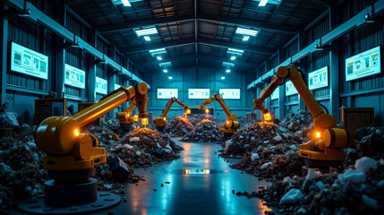 Robotic arms equipped with sensors actively sort through piles of waste in a high-tech recycling facility, illuminated by bright lights during nighttime operations
