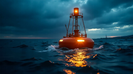 Obraz premium A buoy is positioned in the water as dusk approaches, its light illuminating the surrounding waves while dark clouds loom overhead, creating a moody atmosphere