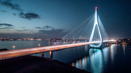 Fototapeta premium A modern bridge with illuminated cables lights up the river during nighttime. The vibrant reflections on the water enhance the cityscape's charm and beauty