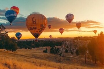 Obraz premium Colorful hot air balloons soaring over a scenic landscape at sunset