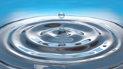 A mesmerizing close-up of water droplets creating ripples in a serene blue setting, evoking a sense...