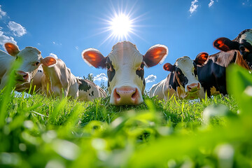 Smiling cow together in a sunny weather taking a wide angle shot captures the vibrance of a nature with backdrop of lush greenery and blue sky