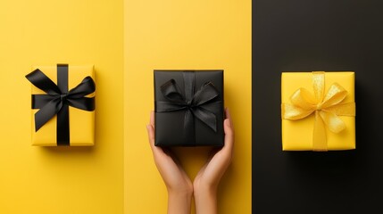 Stylish gift boxes in black and yellow with elegant bows, arranged on a split yellow and black background, highlighting a chic and contemporary color theme.