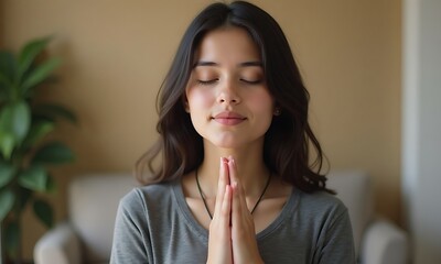 Young Woman Practicing Meditation with Hands in Prayer Pose in a Calm Indoor Setting
