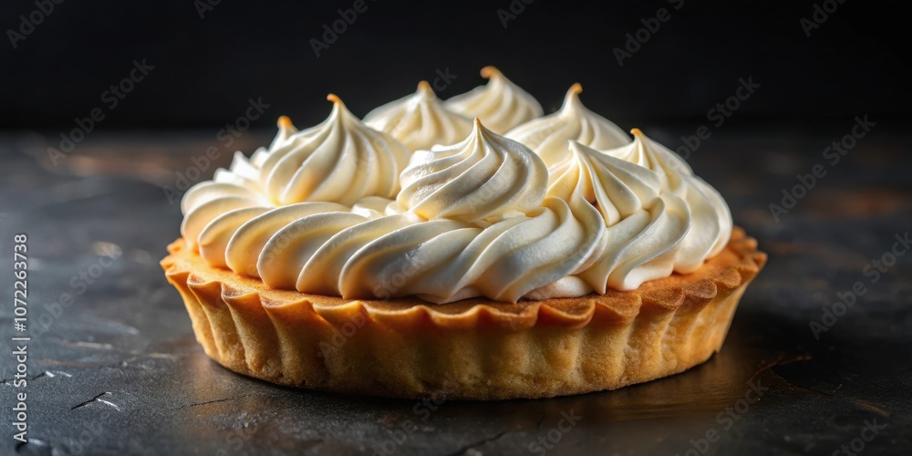 Poster a single pastry tart with swirls of creamy frosting, resting on a dark textured surface.