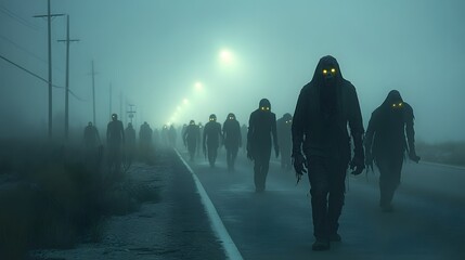 Eerie Group of Wandering Zombies on a Long Deserted Road in Fog with Glowing Eyes, Creating a Chilling Atmosphere of Dread and Fear during Nighttime