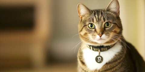 Cute deaf tabby cat with deafness sign on collar tag  staring intently indoors