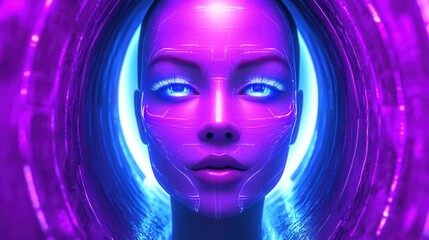 A futuristic portrait of a woman with glowing features in a vibrant neon light setting.