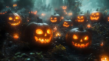 Fototapeta premium A Spooky Halloween Garden Full of Glowing Jack-o'-Lanterns Nestled Among Foggy Trees and Twinkling Nightlights