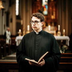 Young priest holding bible in church with candles and stained glass background