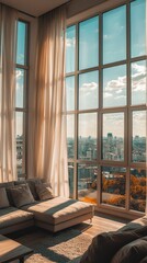Fototapeta premium Cozy Apartment with Large Windows and Sheer Curtains