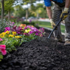 A landscaper applies mulch around a colorful flower bed in a public park, ensuring even coverage with a rake