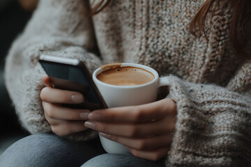 A young woman holding her mobile phone in one hand and a cup of coffee in the other, capturing a candid and modern lifestyle moment.