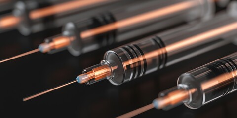 The intricate design of sterile syringes aligned with precision against a dark backdrop