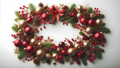 Festive Christmas Wreath with Red and Gold Ornaments, GENERATIVE AI	