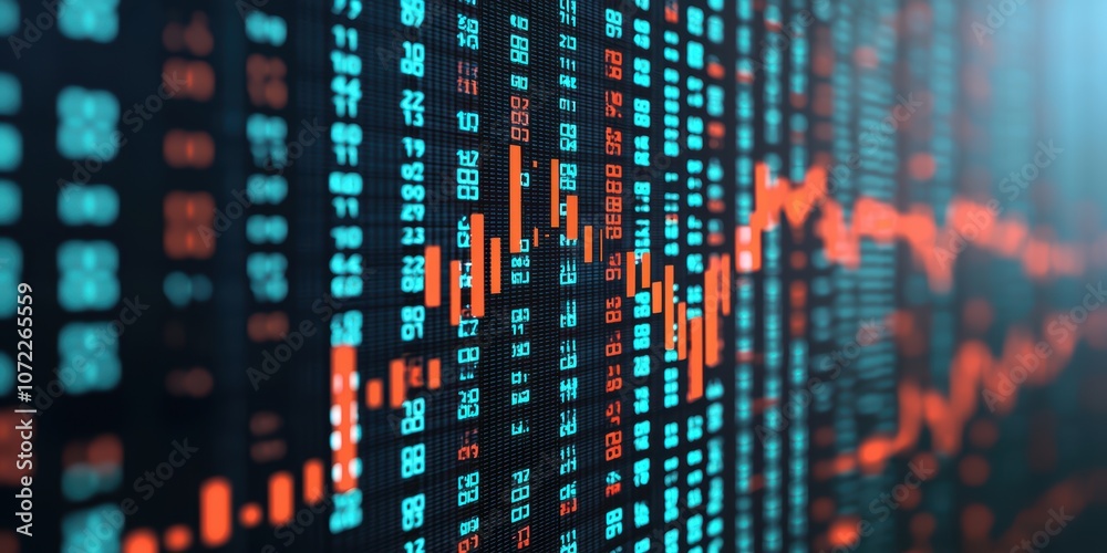 Poster digital display shows real-time stock market data with color-coded performance indicators