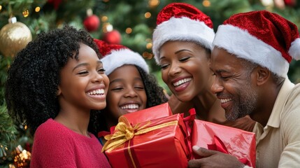 Family Members Smiling Together While Exchanging Gifts in a Joyful Holiday Setting Surrounded by Christmas Decorations and a Beautiful Tree