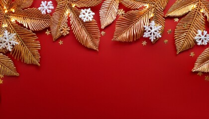 Red Christmas holiday background. Copy space for text with a garland of golden leaves and snowflakes. Design element for Christmas and New Year cards, banners. Top view. 3d illustration.
