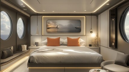 Luxurious cruise ship cabin with a large bed, modern decor, and two round windows offering ocean views. The room features ambient lighting, stylish furnishings, and a minimalistic design with warm acc