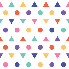 Abstract seamless pattern with triangles and circles in 90s colors repeating on white background