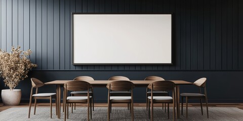 A modern conference room with a large wooden table and leather chairs