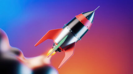 A vibrant and sleek rocket soaring through a colorful gradient sky, symbolizing ambition and...