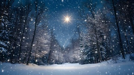 Starry winter night with snow-covered trees and glowing star in deep blue sky, capturing a magical holiday atmosphere with snowflakes falling in the foreground