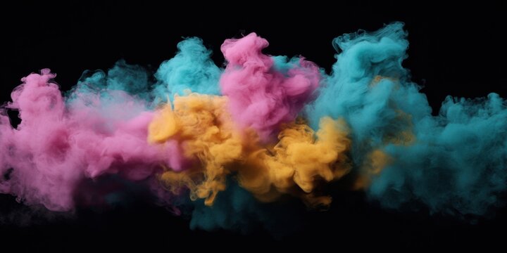 Colorful smoke typhoon with spiraling magenta, teal, and gold tendrils, black background, ascending vortex pattern, dynamic rotational movement