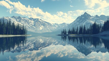 A serene landscape featuring mountains reflected in a tranquil lake under a clear blue sky with scattered clouds.