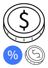 Coin with dollar sign, blue circle with percent symbol, standing and flat coin angles. Ideal for finance, banking, savings, investments, loans trading economics. Line metaphor