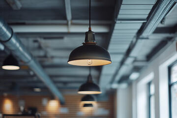 Obraz premium Selective focus lamp with light bulb on the ceiling in co working space office, Interior design of cage decorate with cozy vibe lamp.