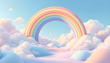 3d rendered cartoon rainbow land. 3d cartoon landscape composition with green hills, trees, rainbow, sun, white clouds. Modern stylized children's concept background. Sweet nature environment panorama