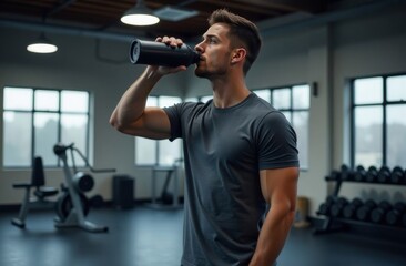 Fototapeta premium Young sporty man drinking water in the gym