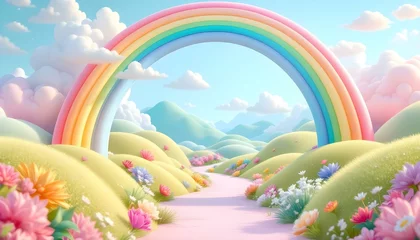 3d rendered cartoon rainbow land. 3d cartoon landscape composition with green hills, trees, rainbow, sun, white clouds. Modern stylized children's concept background. Sweet nature environment panorama